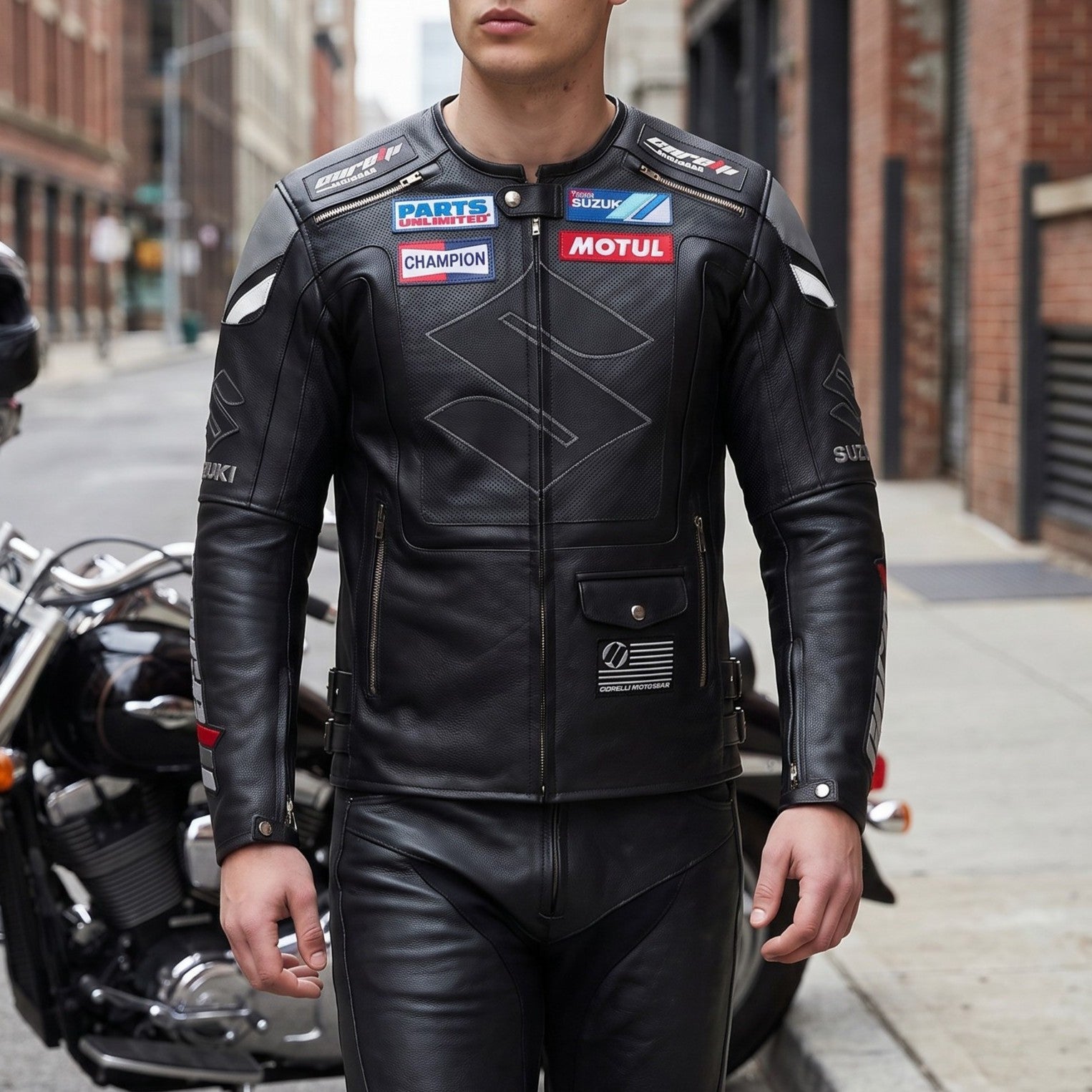 Suzuki Platinum Black Racing Motorcycle Leather Jacket – Corelli